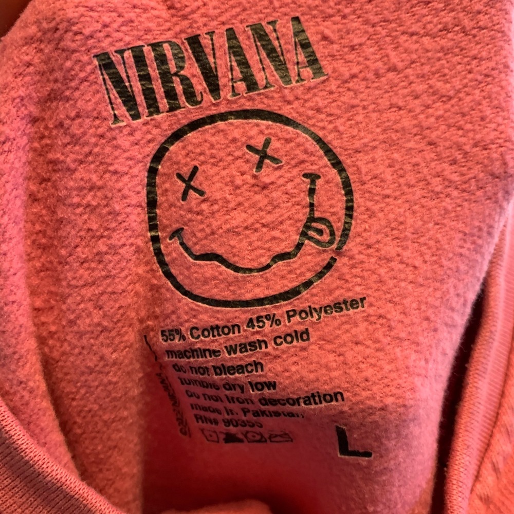 Nirvana Sweatshirt Women L Pink Acid Wash Smiley Face Pullover Girly Grunge - Picture 7 of 8